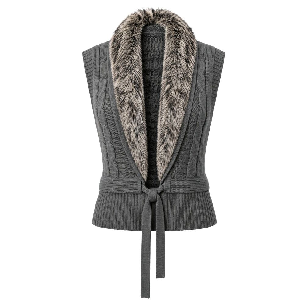 Y2K Cabincore Faux Fur Trim Gray Sweater Vest Cable Knit Tie Front Apres Ski